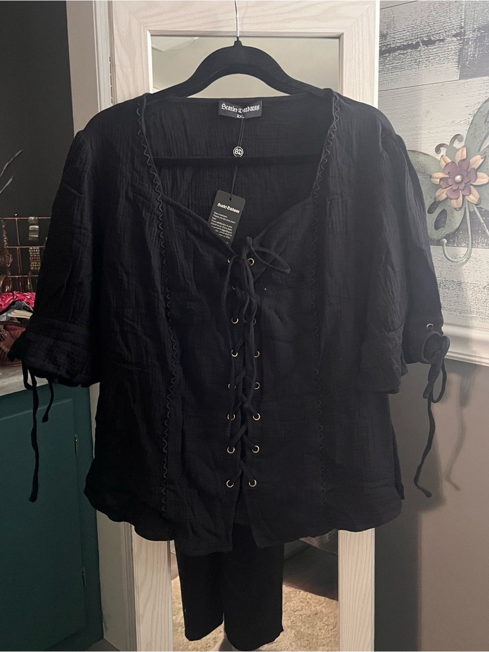 Scarlet Darkness Black Lace-Up Peasant Blouse Cosplay REN Faire Punk Goth NWT